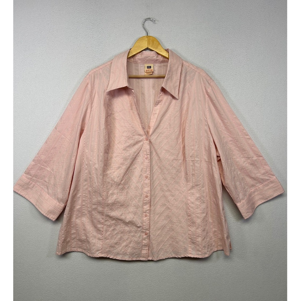 Classic Career Faded Glory Women 4X Pink Striped 3/4 Sleeve Button Down Shirt